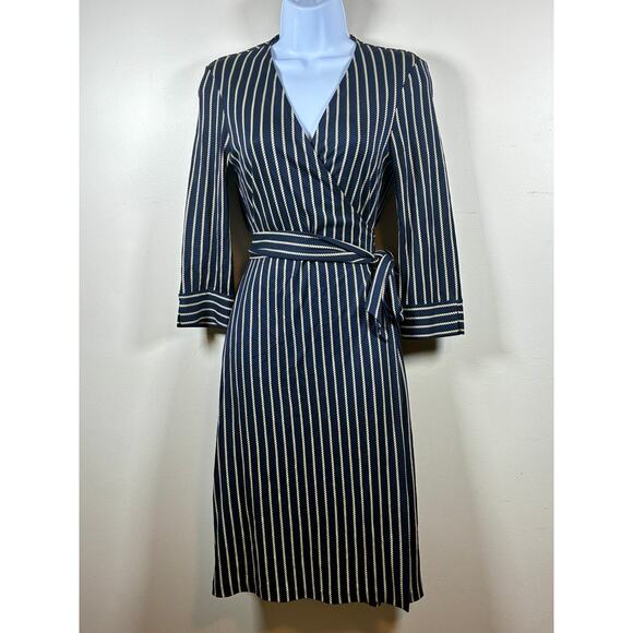 Diane Von Furstenberg DVF Silk Wrap Dress 4 Navy Blue Nautical Rope Print Coast - Picture 1 of 11